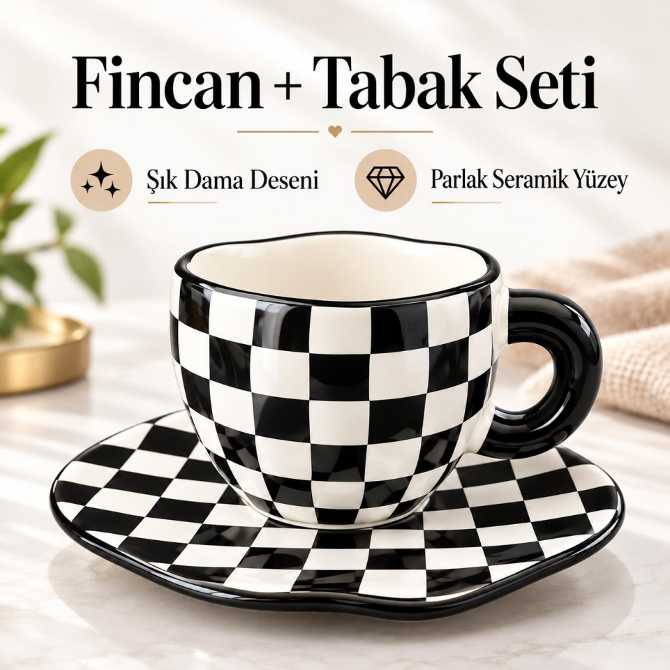Valkyrie Siyah Beyaz Dama Desenli Kahve Çay Fincanı ve Tabak Seti Modern Seramik Sunum Takımı