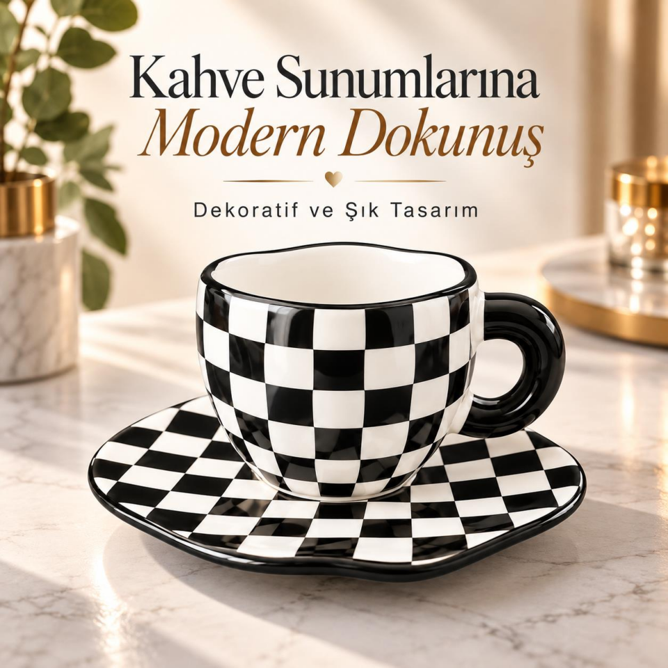 Valkyrie Siyah Beyaz Dama Desenli Kahve Çay Fincanı ve Tabak Seti Modern Seramik Sunum Takımı