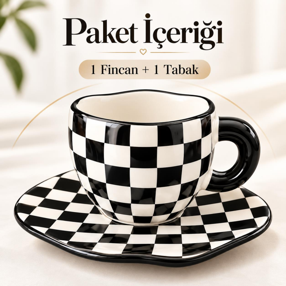 Valkyrie Siyah Beyaz Dama Desenli Kahve Çay Fincanı ve Tabak Seti Modern Seramik Sunum Takımı