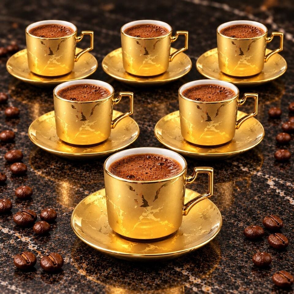 Valkyrie 6 Kişilik 12 Parça Gold Türk Kahvesi Fincan Takımı Modern Köşeli Kulplu Set