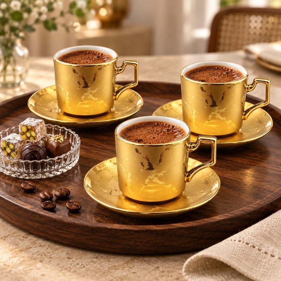 Valkyrie 6 Kişilik 12 Parça Gold Türk Kahvesi Fincan Takımı Modern Köşeli Kulplu Set
