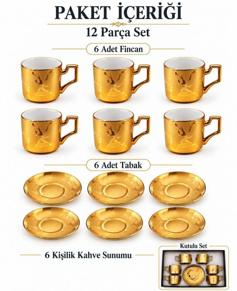 Valkyrie 6 Kişilik 12 Parça Gold Türk Kahvesi Fincan Takımı Modern Köşeli Kulplu Set