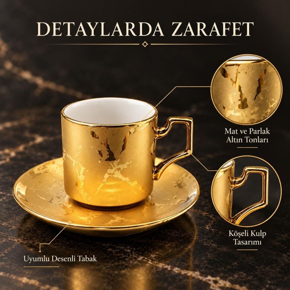 Valkyrie 6 Kişilik 12 Parça Gold Türk Kahvesi Fincan Takımı Modern Köşeli Kulplu Set