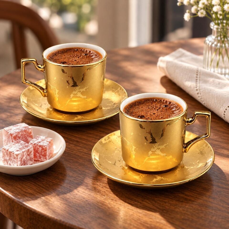 Valkyrie 6 Kişilik 12 Parça Gold Türk Kahvesi Fincan Takımı Modern Köşeli Kulplu Set