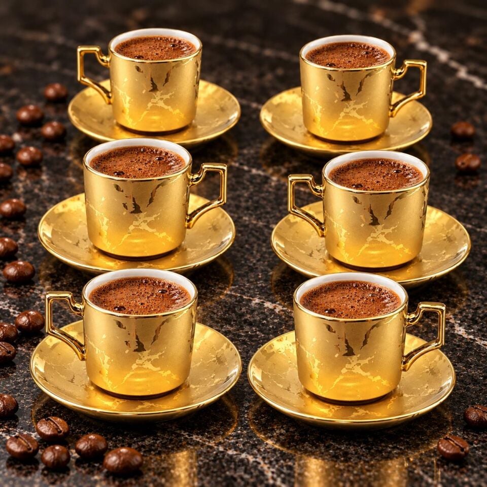 Valkyrie 6 Kişilik 12 Parça Gold Türk Kahvesi Fincan Takımı Modern Köşeli Kulplu Set