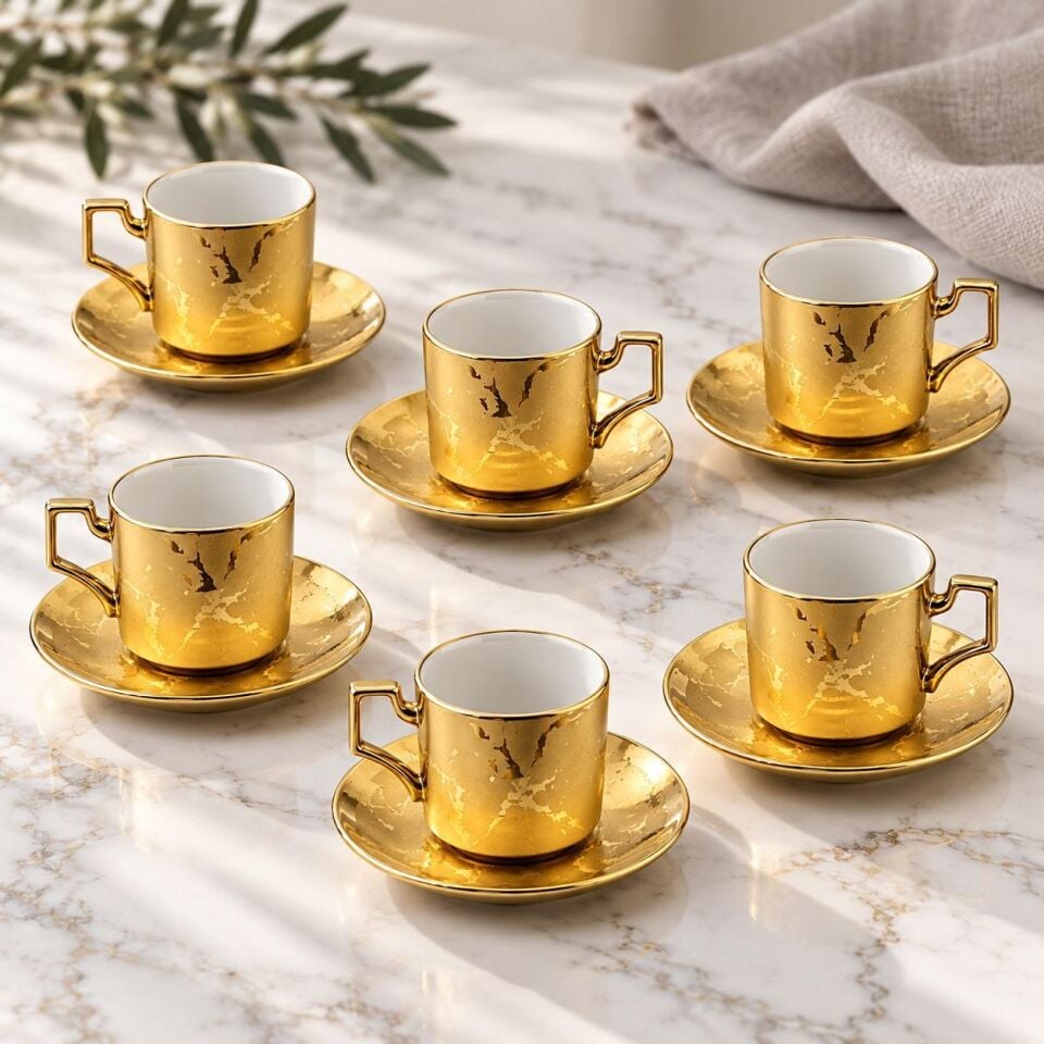Valkyrie 6 Kişilik 12 Parça Gold Türk Kahvesi Fincan Takımı Modern Köşeli Kulplu Set