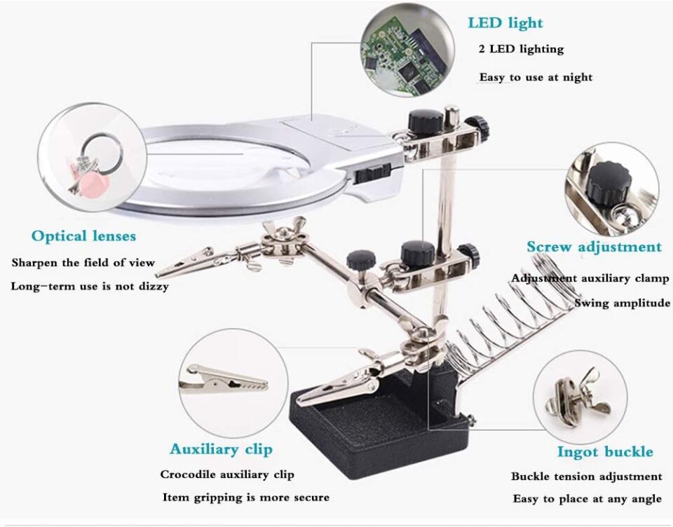 Çok Fonksiyonlu Lehim Tamir Standı Çift Led li 10cm Büyüteç jm508-A