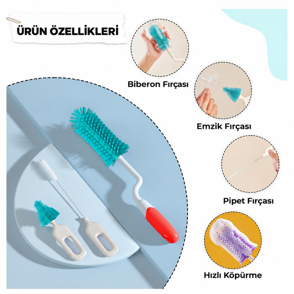 Valkyrie 3’lü Silikon Biberon Temizleme Fırça Seti – 360° Döner Saplı, Pipet ve Emzik Temizleme Fırçası