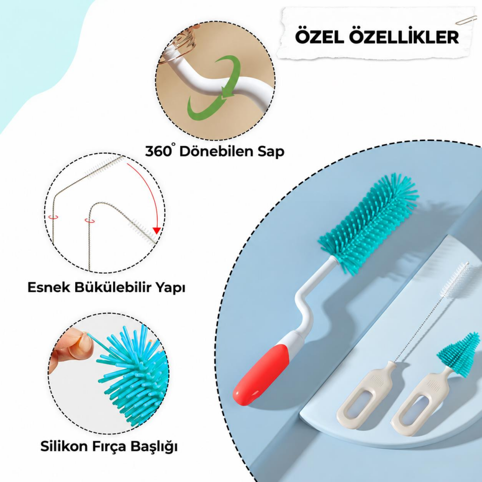Valkyrie 3’lü Silikon Biberon Temizleme Fırça Seti – 360° Döner Saplı, Pipet ve Emzik Temizleme Fırçası