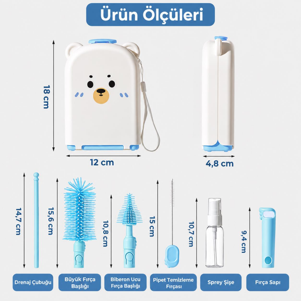 Valkyrie Ayıcık Seyahat Biberon Emzik Pipet Temizleme Seti Silikon Fırça Kurutma Standı Taşıma Kutusu