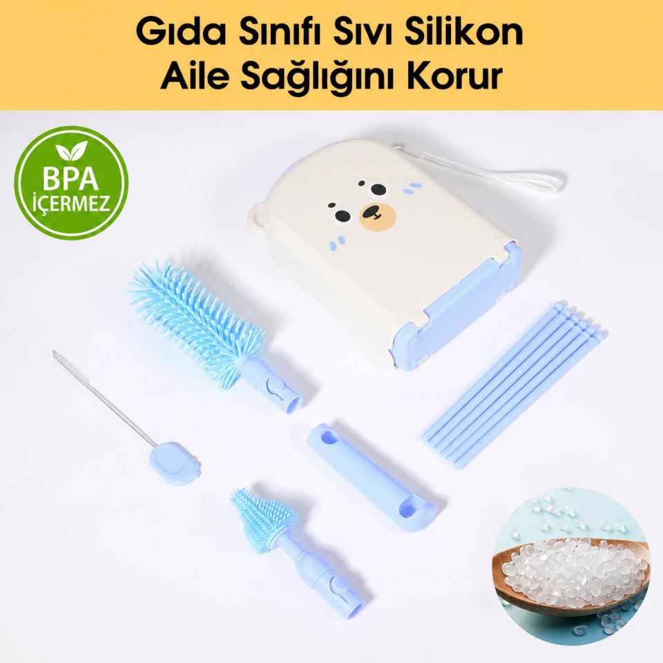 Valkyrie Ayıcık Seyahat Biberon Emzik Pipet Temizleme Seti Silikon Fırça Kurutma Standı Taşıma Kutusu