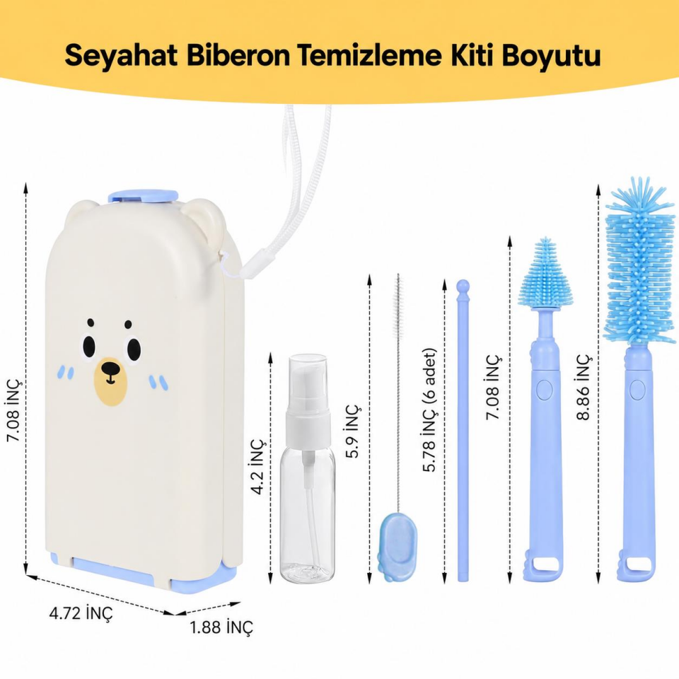 Valkyrie Ayıcık Seyahat Biberon Emzik Pipet Temizleme Seti Silikon Fırça Kurutma Standı Taşıma Kutusu