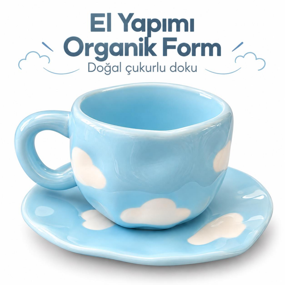Valkyrie Bulut Desenli Pastel Mavi Kahve Fincanı ve Tabağı Seti Seramik Şık Tasarım