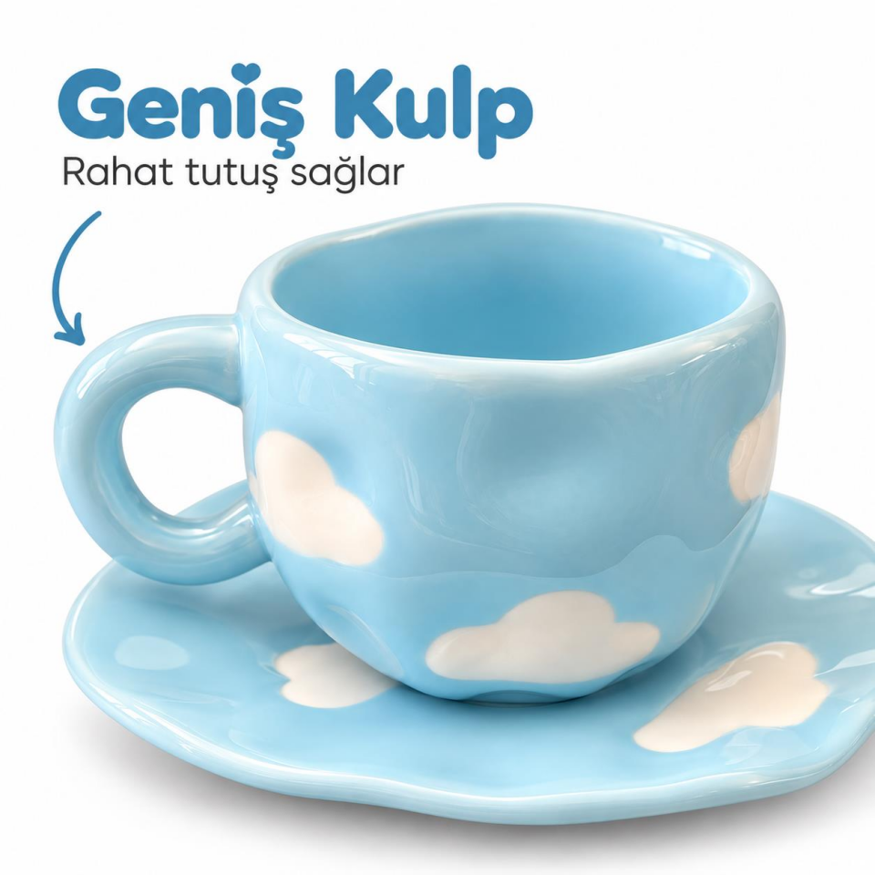 Valkyrie Bulut Desenli Pastel Mavi Kahve Fincanı ve Tabağı Seti Seramik Şık Tasarım
