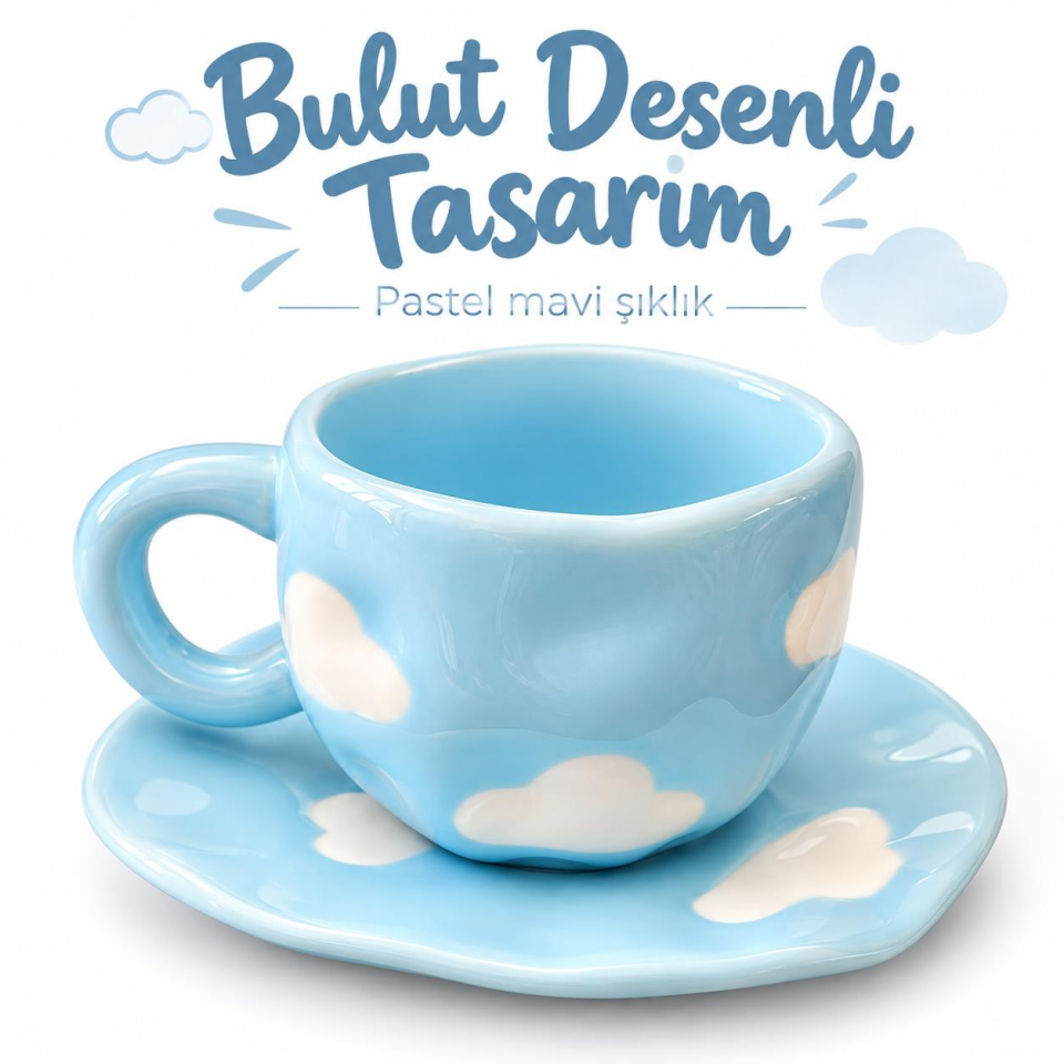 Valkyrie Bulut Desenli Pastel Mavi Kahve Fincanı ve Tabağı Seti Seramik Şık Tasarım