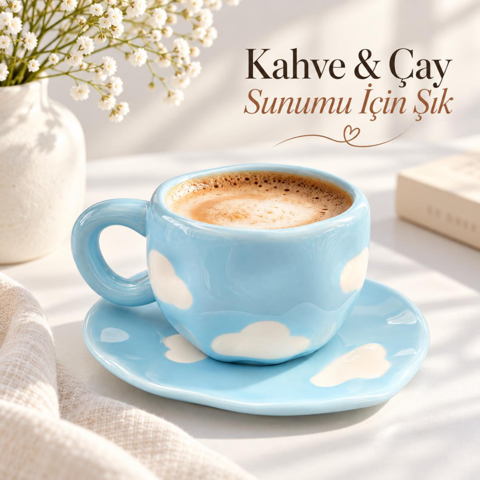 Valkyrie Bulut Desenli Pastel Mavi Kahve Fincanı ve Tabağı Seti Seramik Şık Tasarım