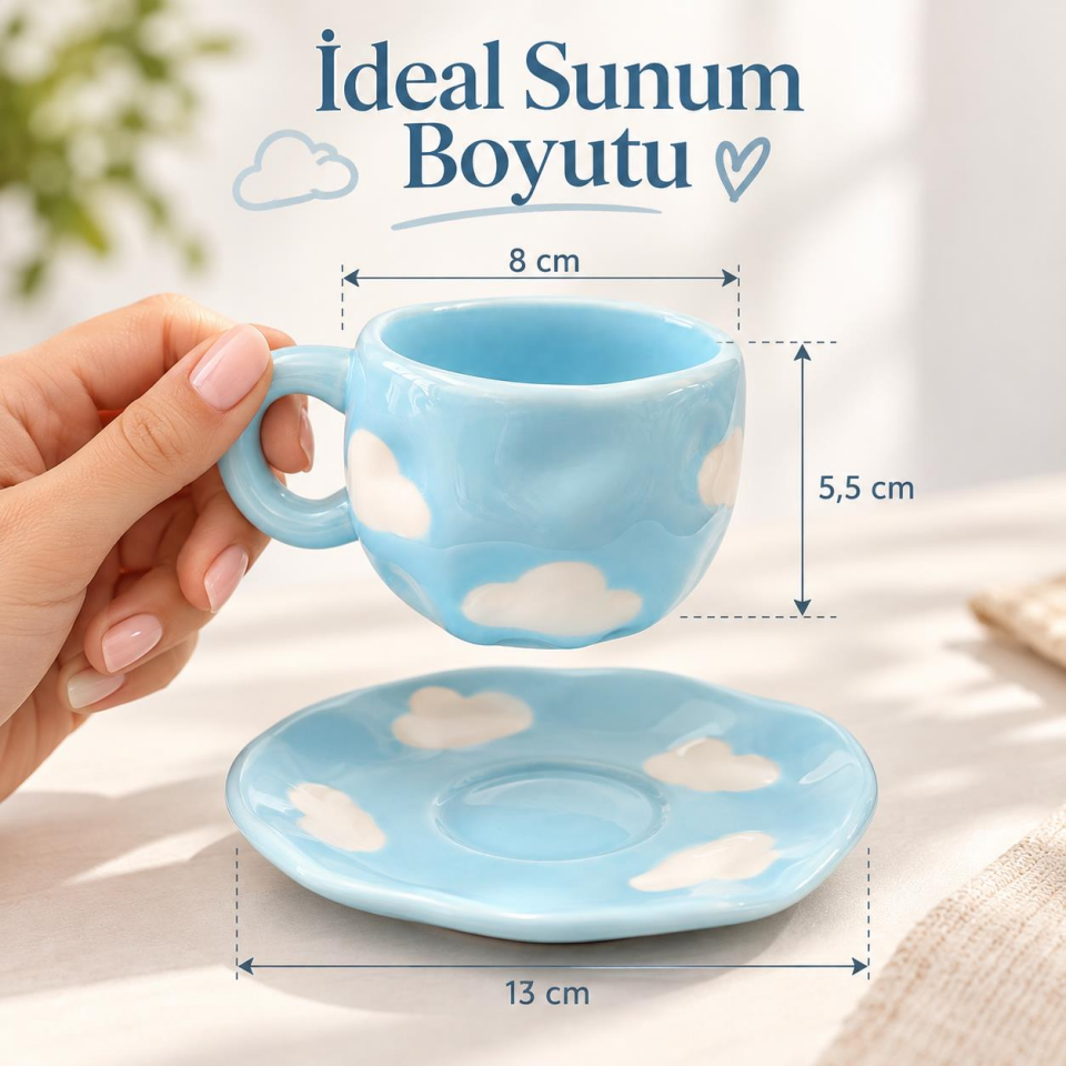 Valkyrie Bulut Desenli Pastel Mavi Kahve Fincanı ve Tabağı Seti Seramik Şık Tasarım