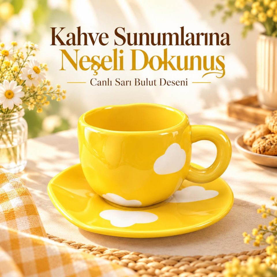 Valkyrie Bulut Desenli Sarı Çay Ve Kahve Fincanı ve Tabağı Seramik Şık Sunum Seti Sarı