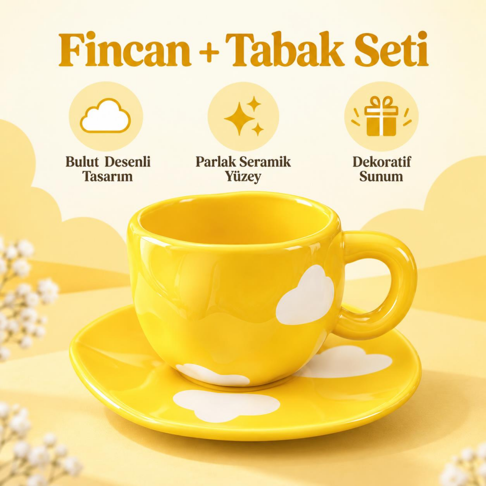 Valkyrie Bulut Desenli Sarı Çay Ve Kahve Fincanı ve Tabağı Seramik Şık Sunum Seti Sarı