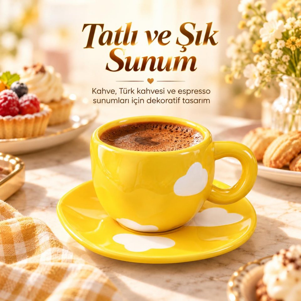Valkyrie Bulut Desenli Sarı Çay Ve Kahve Fincanı ve Tabağı Seramik Şık Sunum Seti Sarı