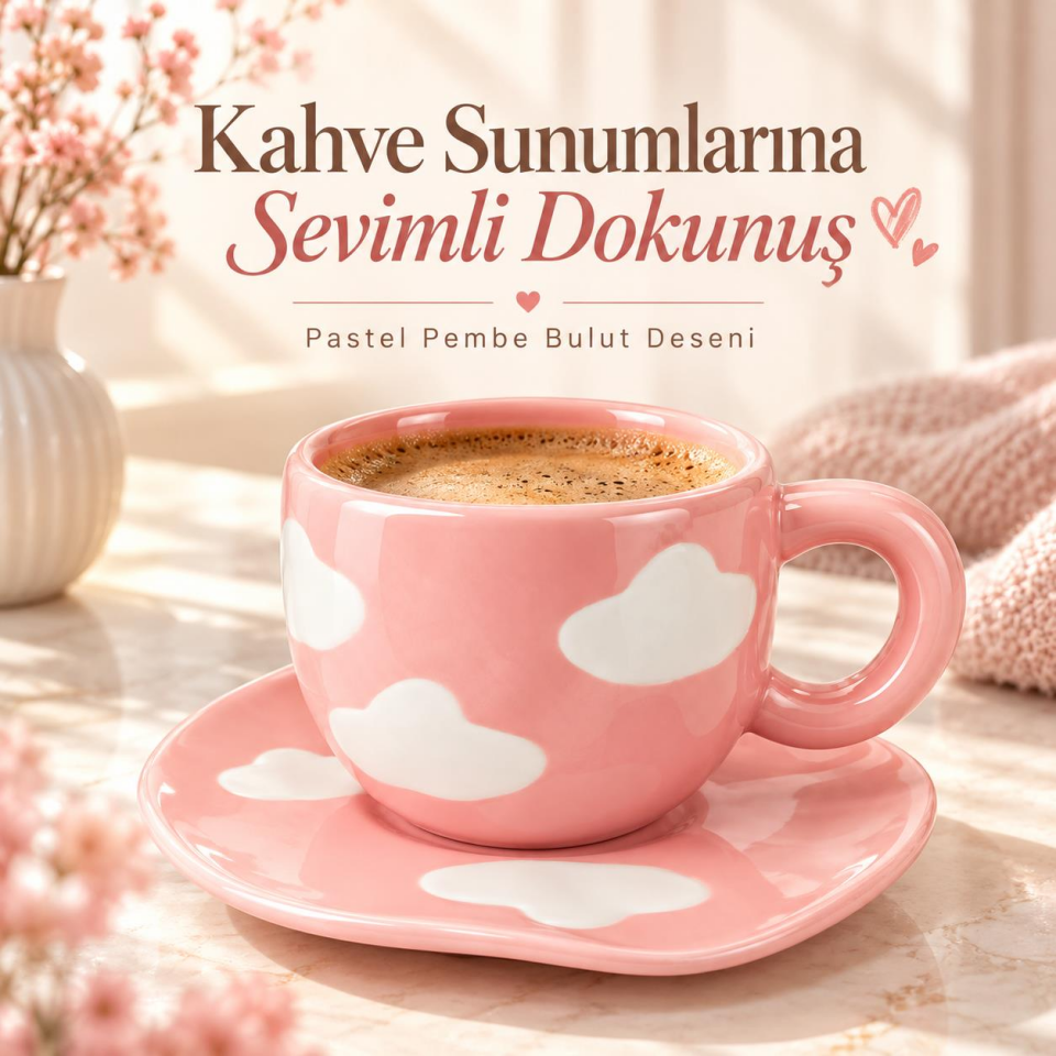 Valkyrie Bulut Desenli Pembe Kahve Fincanı ve Tabağı Seramik Şık Sunum Seti