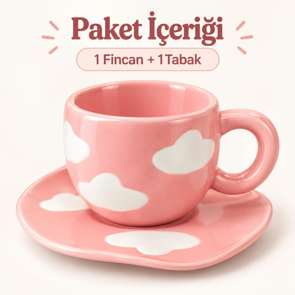 Valkyrie Bulut Desenli Pembe Kahve Fincanı ve Tabağı Seramik Şık Sunum Seti