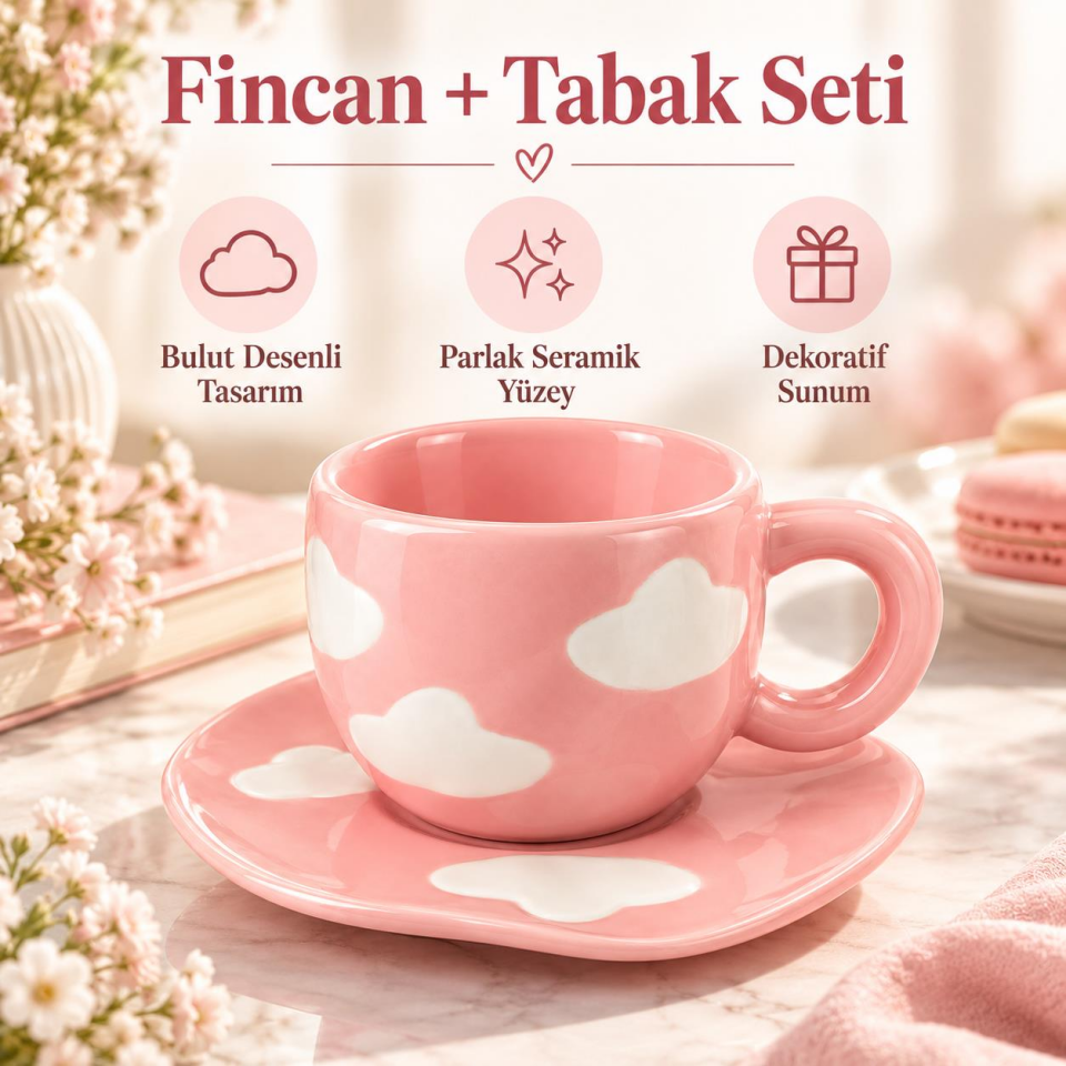 Valkyrie Bulut Desenli Pembe Kahve Fincanı ve Tabağı Seramik Şık Sunum Seti