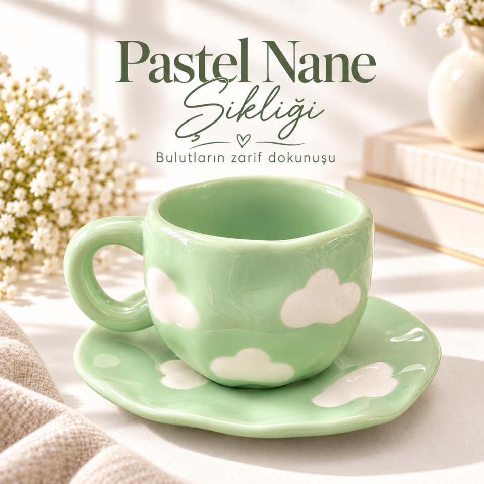 Valkyrie Bulut Desenli Yeşil Çay Ve Kahve Fincanı ve Tabağı Seramik Pastel Nane Sunum Seti