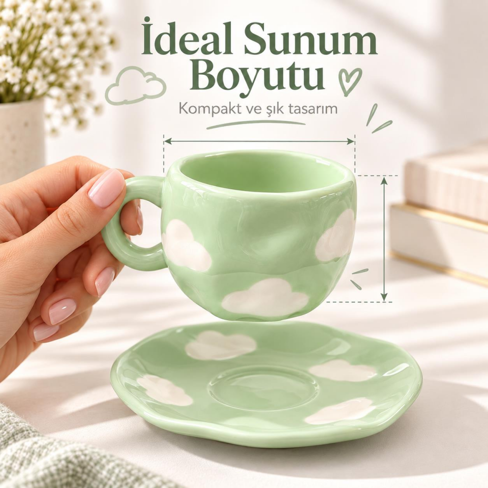 Valkyrie Bulut Desenli Yeşil Çay Ve Kahve Fincanı ve Tabağı Seramik Pastel Nane Sunum Seti