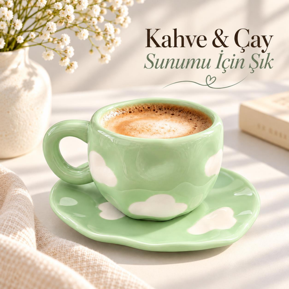 Valkyrie Bulut Desenli Yeşil Çay Ve Kahve Fincanı ve Tabağı Seramik Pastel Nane Sunum Seti