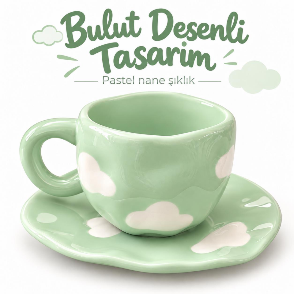 Valkyrie Bulut Desenli Yeşil Çay Ve Kahve Fincanı ve Tabağı Seramik Pastel Nane Sunum Seti