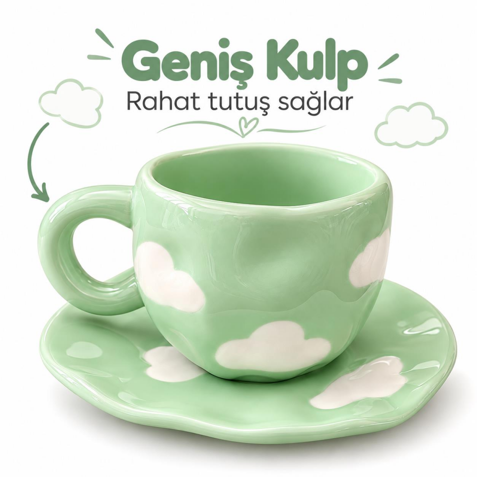 Valkyrie Bulut Desenli Yeşil Çay Ve Kahve Fincanı ve Tabağı Seramik Pastel Nane Sunum Seti