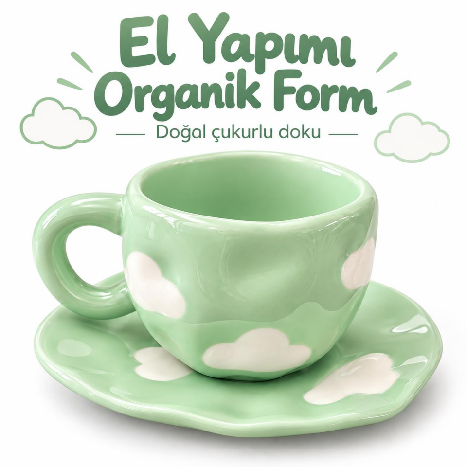 Valkyrie Bulut Desenli Yeşil Çay Ve Kahve Fincanı ve Tabağı Seramik Pastel Nane Sunum Seti