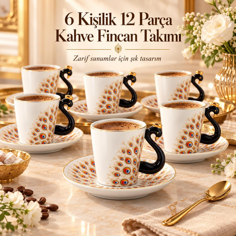 Valkyrie Peacock Serisi 6 Kişilik 12 Parça Tavus KuşuPorselen Türk Kahvesi Fincan Takımı 90ml Kahve