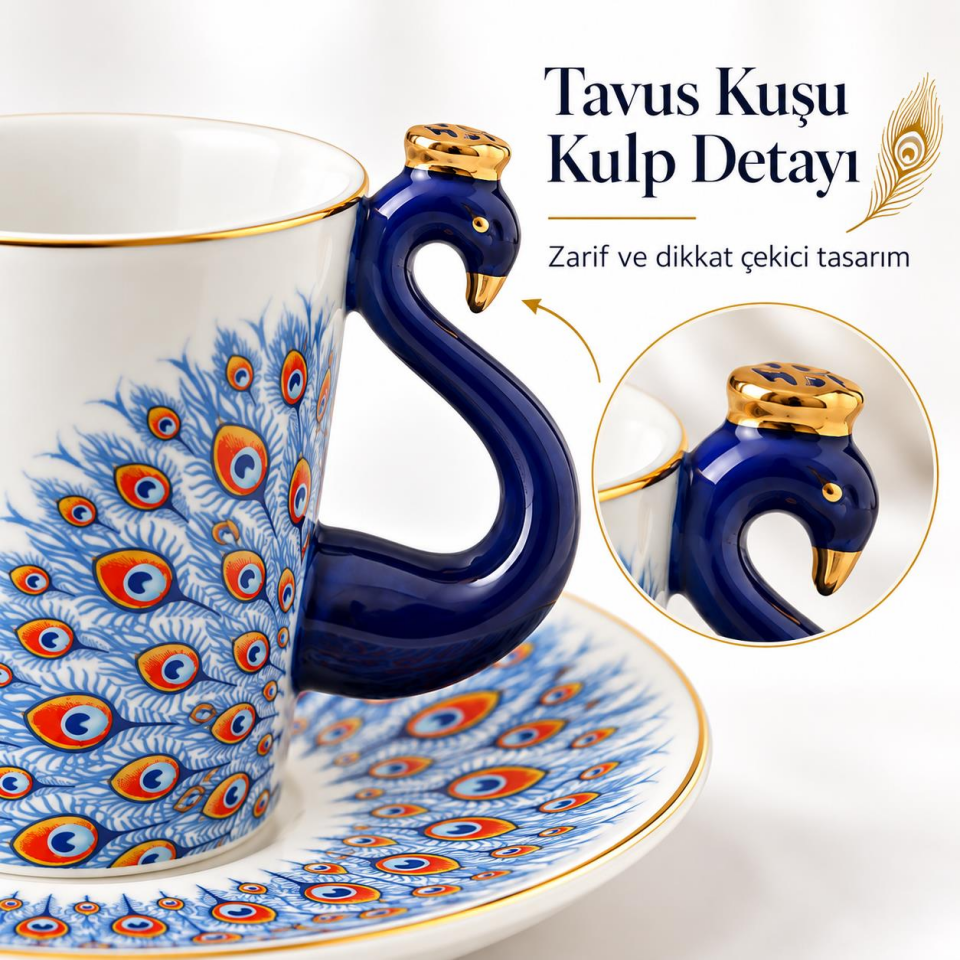 Valkyrie Peacock Serisi 6 Kişilik 12 Parça Tavus KuşuPorselen Türk Kahvesi Fincan Takımı 90ml Lacivert