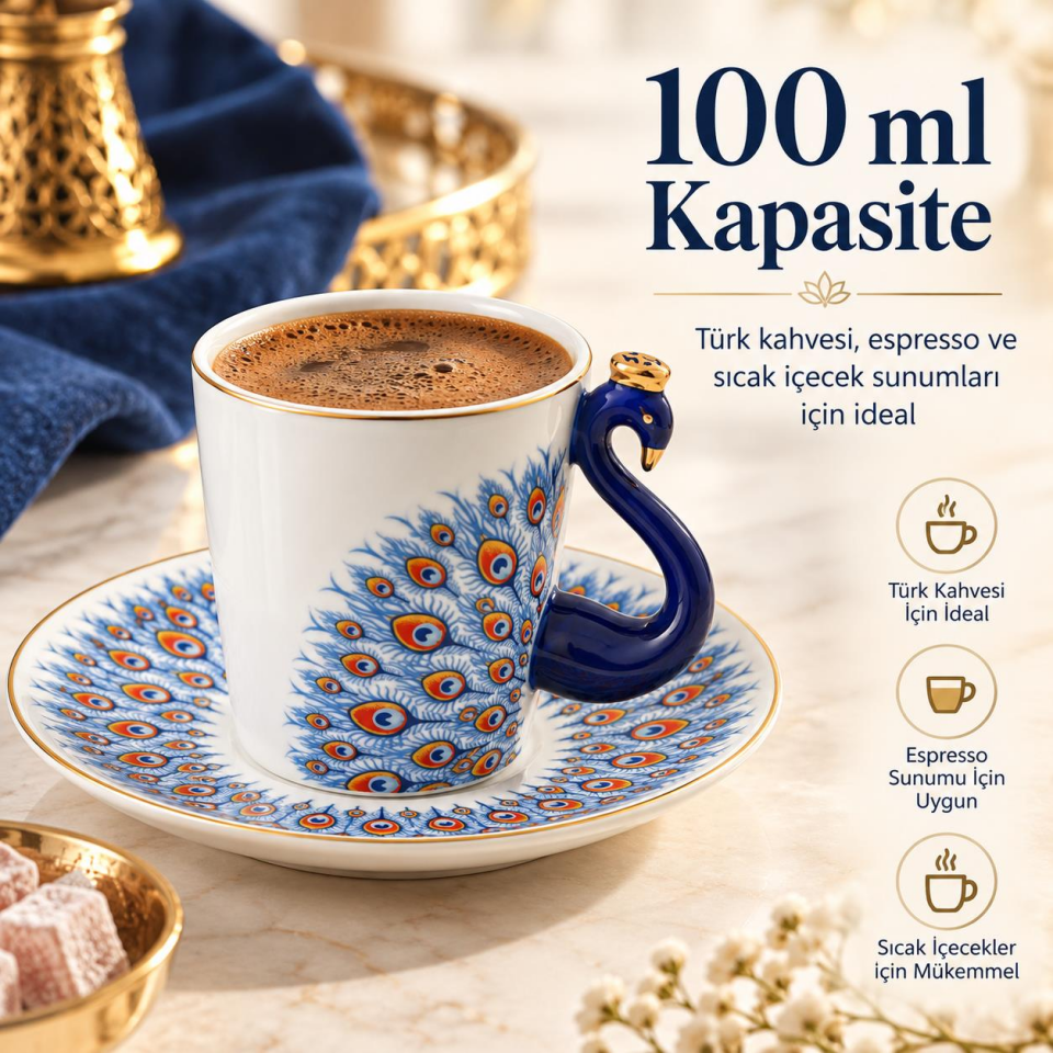 Valkyrie Peacock Serisi 6 Kişilik 12 Parça Tavus KuşuPorselen Türk Kahvesi Fincan Takımı 90ml Lacivert