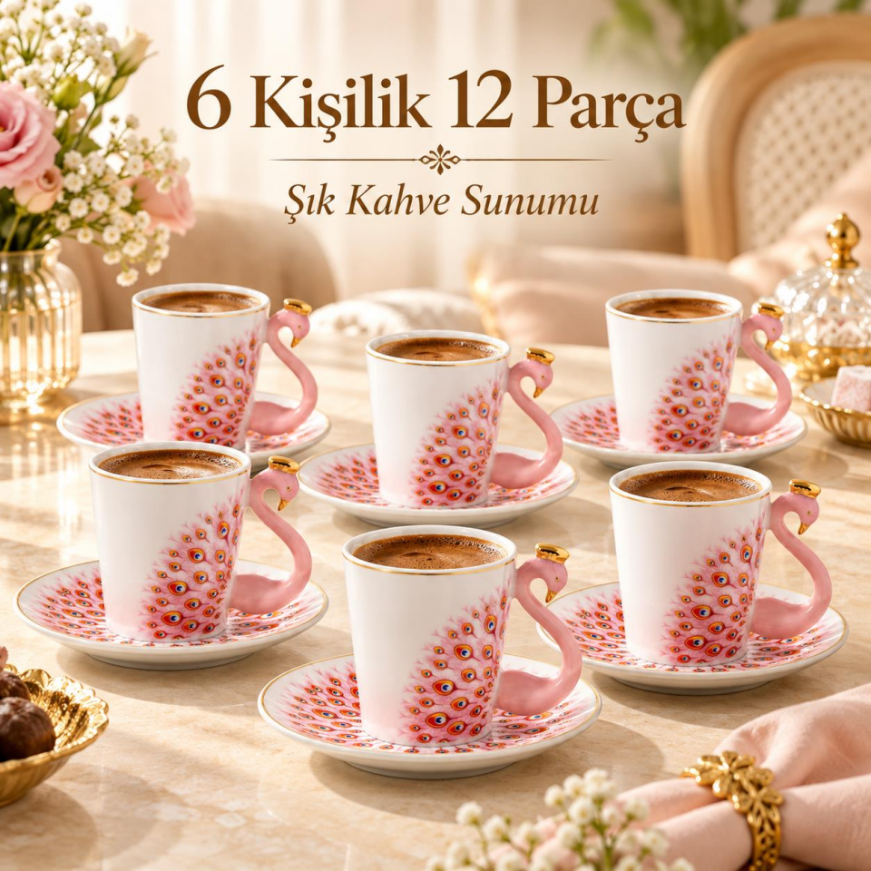 Valkyrie Peacock Serisi 6 Kişilik 12 Parça Tavus KuşuPorselen Türk Kahvesi Fincan Takımı 90ml Pembe