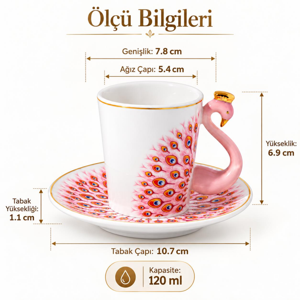 Valkyrie Peacock Serisi 6 Kişilik 12 Parça Tavus KuşuPorselen Türk Kahvesi Fincan Takımı 90ml Pembe