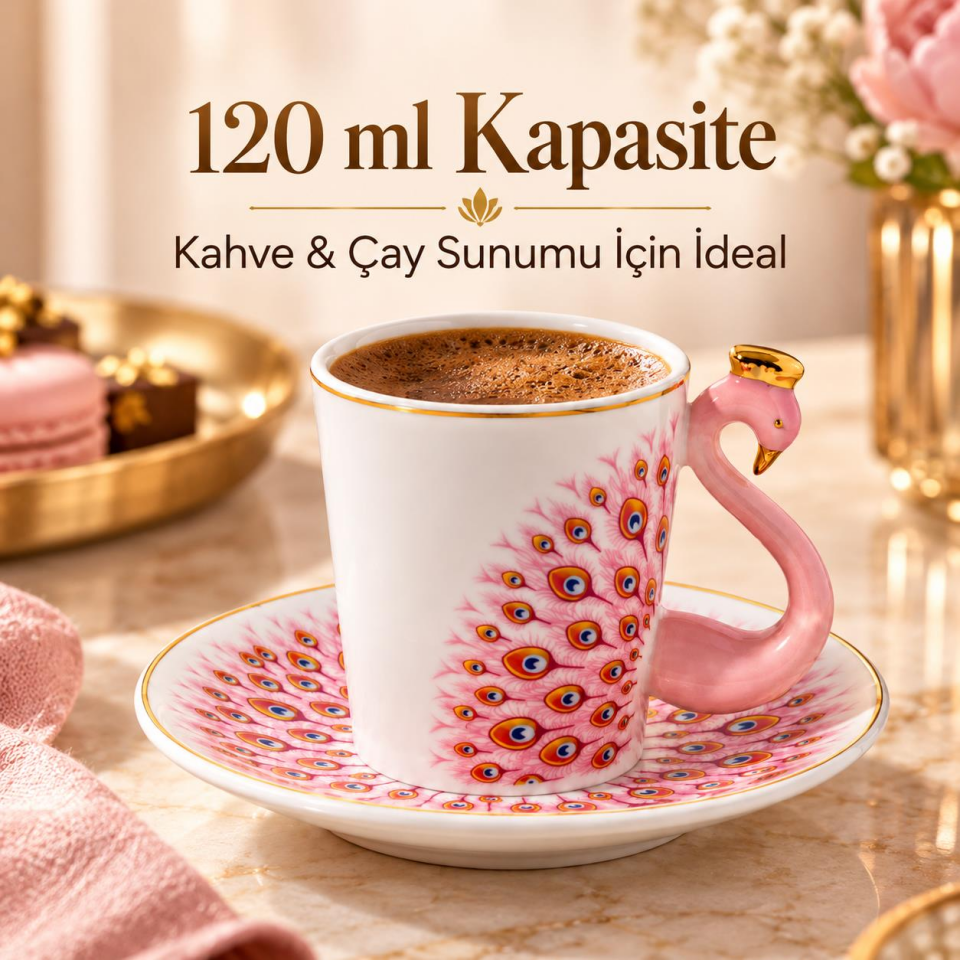 Valkyrie Peacock Serisi 6 Kişilik 12 Parça Tavus KuşuPorselen Türk Kahvesi Fincan Takımı 90ml Pembe