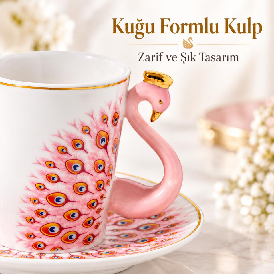 Valkyrie Peacock Serisi 6 Kişilik 12 Parça Tavus KuşuPorselen Türk Kahvesi Fincan Takımı 90ml Pembe