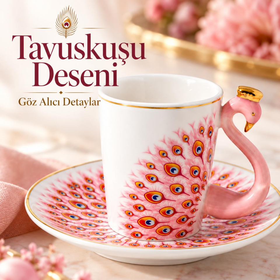 Valkyrie Peacock Serisi 6 Kişilik 12 Parça Tavus KuşuPorselen Türk Kahvesi Fincan Takımı 90ml Pembe