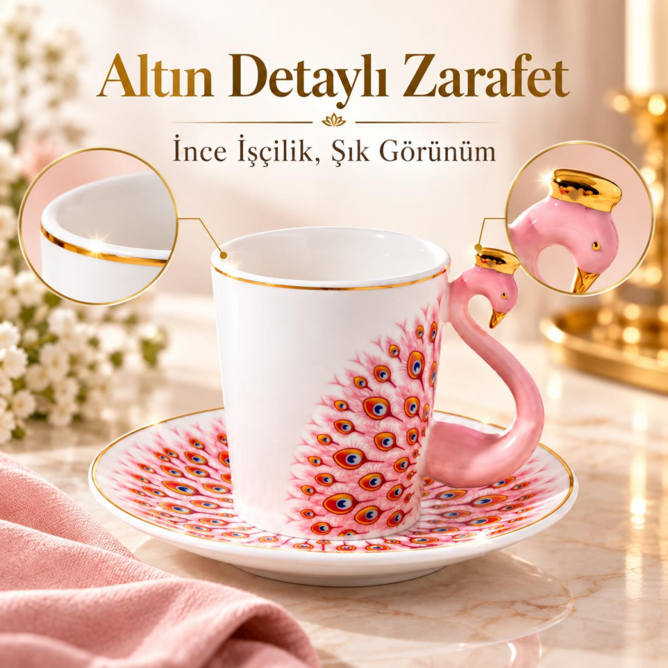 Valkyrie Peacock Serisi 6 Kişilik 12 Parça Tavus KuşuPorselen Türk Kahvesi Fincan Takımı 90ml Pembe