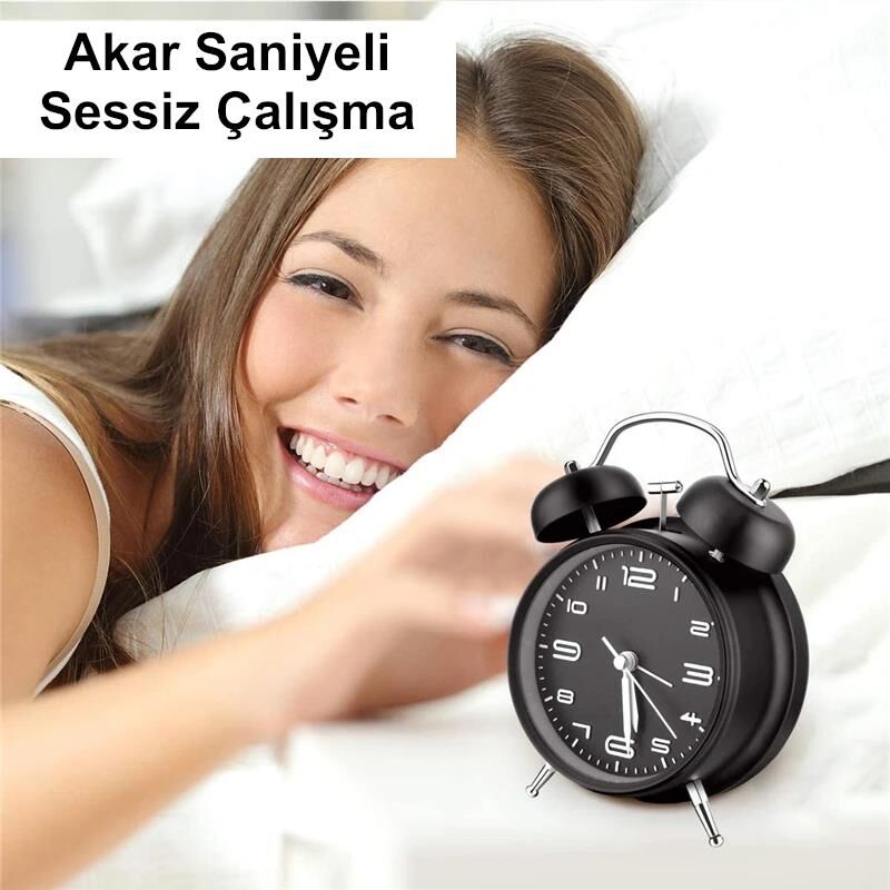 Valkyrie Sessiz Akar Saniyeli 16cm Alarm Masa Çalar Saat Yüksek Zil Sesi Büyük Boy Siyah